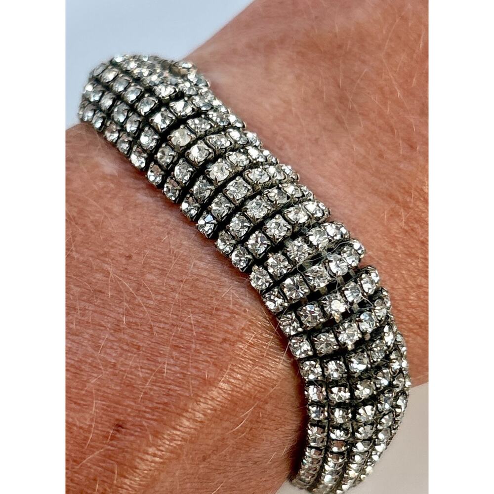 Vtg 6 Row Half Dome Rhinestone Bracelet-Prong Set Silver Tone Statement Jewelry - Picture 6 of 6